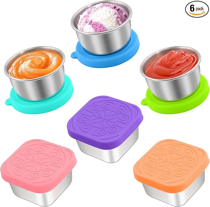 Qukaka 6 PCS Salad Dressing Container to Go,Handy Leakproof Stainless Steel Meal Prep Containers Reusable,Sauce Containers for Lunch Box, Picnics, Travel, Office and Kitchen Storage-1.6oz+2.7oz