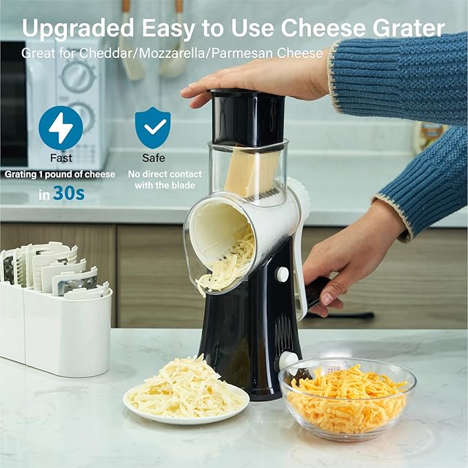 ALEXPHY Rotary Cheese Grater Hand Crank, 5 blades Cheese shredder, Stronger Suction, Easy to Clean for Fruit, Vegetables, Nuts, Black