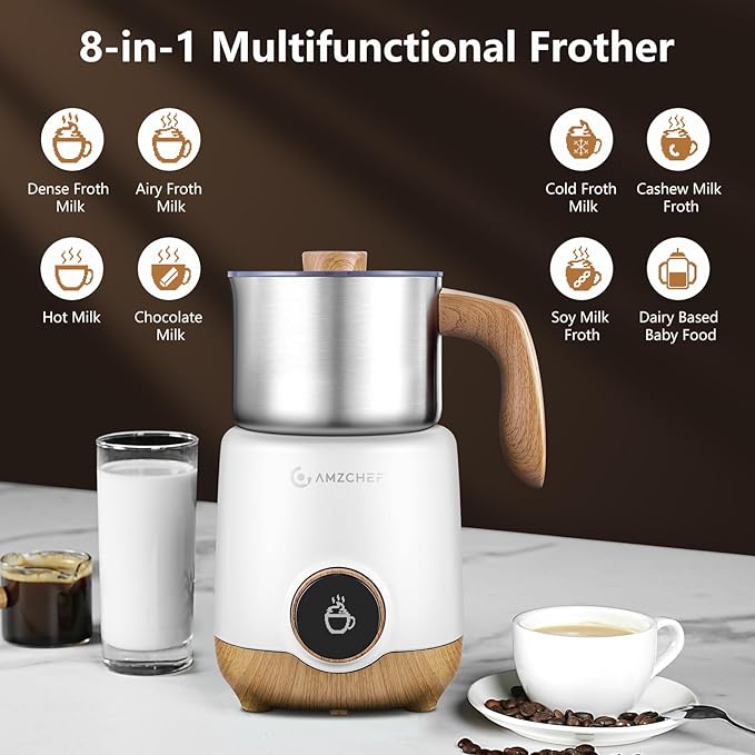 AMZCHEF 8-IN-1 Milk Frother and Steamer 550 Watts, 21 oz Split Stainless Steel Automatic Steamer, Milk's Warmer for Latte, Cappuccino, Hot and Cold Froth, Heated Milk, Hot Chocolate, Baby Food