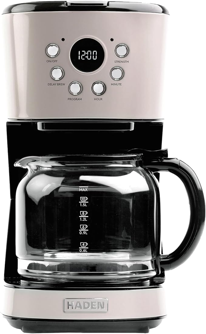 HADEN 12-Cup Programmable Coffee Maker for Home or Office, Putty & Chrome – Drip Brewer Machine with Brew Strength, Delay Brewing, Auto Shut-Off and Reusable Washable Water Filter