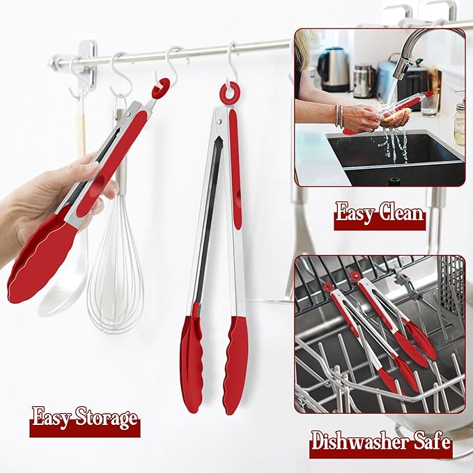 TeamFar Kitchen Tongs, 9"&12" Stainless Steel Heat Resistant Cooking Tongs