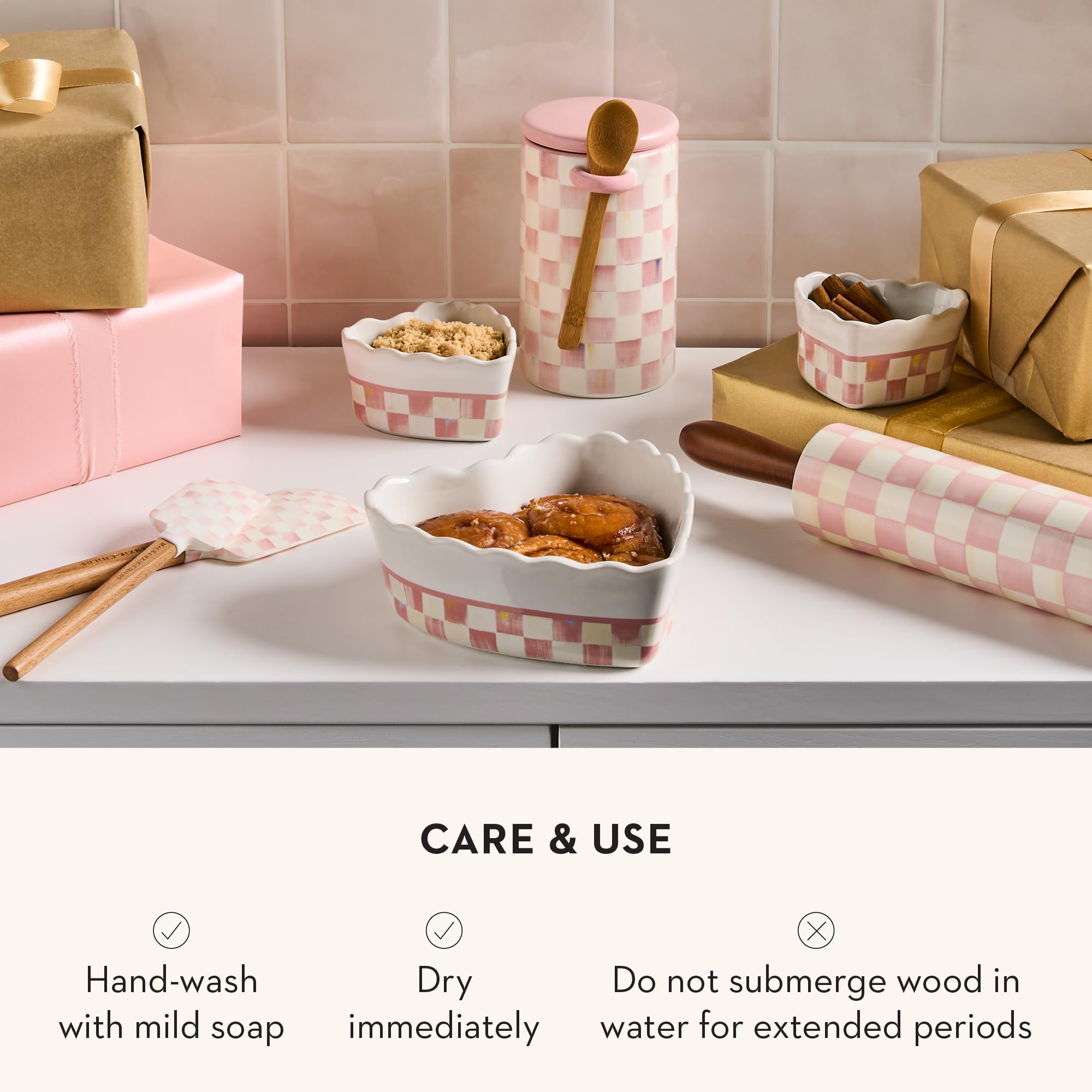 MACKENZIE-CHILDS Ceramic Rolling Pin, Pink-and-White Rosy Check