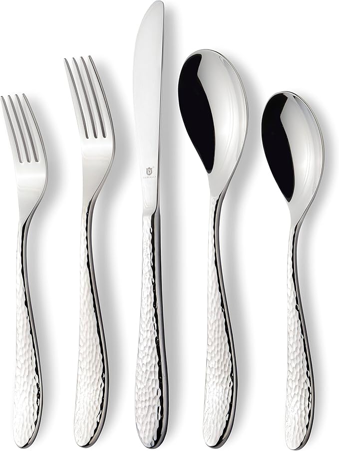 Danialli Hammered Silverware Set | Premium 18/10 Stainless Steel Flatware Service for 4 | Heavy-Duty & Dishwasher Safe | Built to Last (20-Piece, Marettimo Hammered)