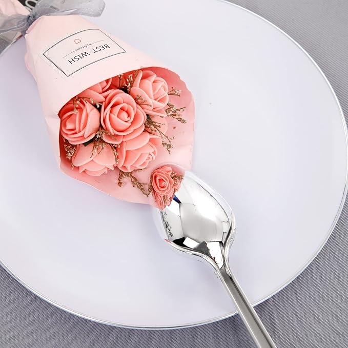 KIRE 100PCS Silver Plastic Plates - Heavy Duty White Disposable Plates with Silver Rim for Party/Wedding - Include 50Pcs 10.25inch Dinner Plates and 50Pcs 7.5inch Dessert Plates for Party