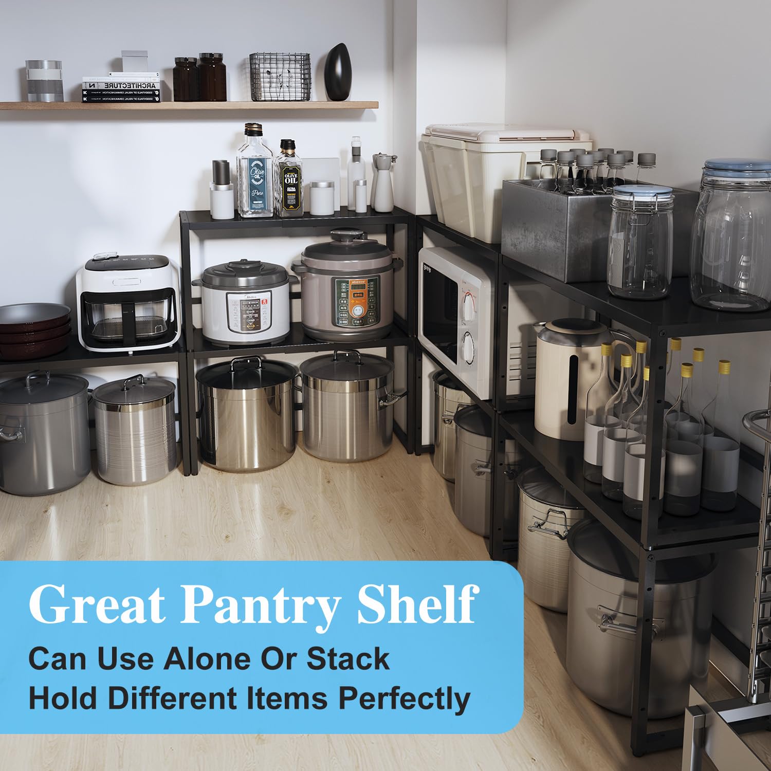 Expandable Metal Storage Shelves, 110LBS Heavy Duty Shelving Units and Storage for Pots Pans Small Appliances, Adjustable Metal Storage Shelf Organizer Rack for Kitchen Cabinets Closet Pantry Garage