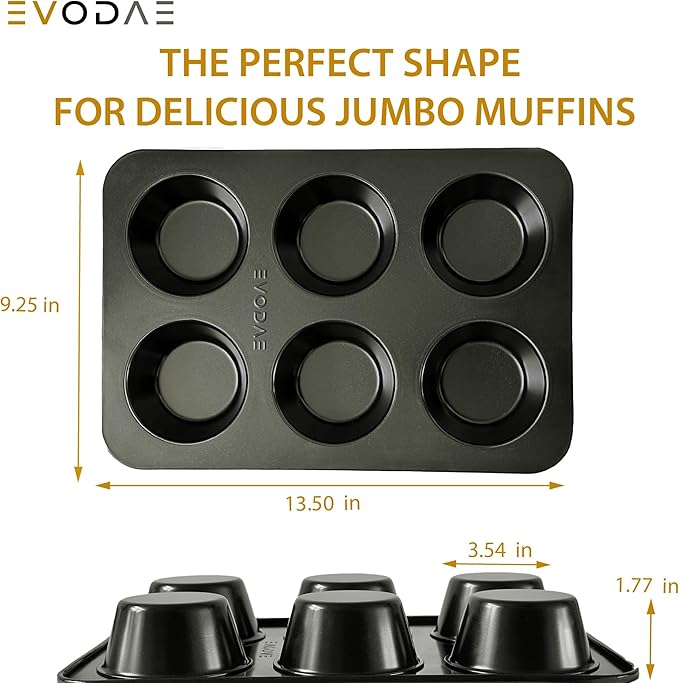 EVODAE Jumbo Muffin Pan, 2 Pack – Extra-Large Wide & Deep Cups, 12-Cup (2x6) Nonstick Carbon Steel – Texas Muffin Tin, Large Cupcake Pan – PFOA & PTFE Free, No Liners Needed, Gift Box