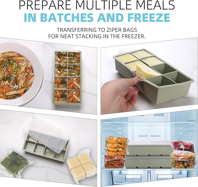 1/2 Cup Silicone Freezer Tray With Lid - Silicone Freezer Molds 4-Pack For meal prep & freezing of various sauces and other dishes, makes 32 perfect 1/2 cup portions cube (Green 4 Pack)