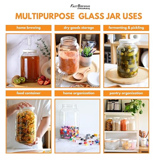 4-Pack 1 Gallon Glass Jar with Lid | Wide Mouth Set with White Metal Caps