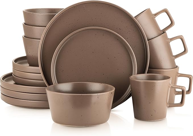 Stone Lain Celina Stoneware 16-Piece Modern Dinnerware Set, Plates and Bowls, Matte Brown, Service For 4, Microwave & Dishwasher Safe