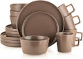 Stone Lain Celina Stoneware 16-Piece Modern Dinnerware Set, Plates and Bowls, Matte Brown, Service For 4, Microwave & Dishwasher Safe