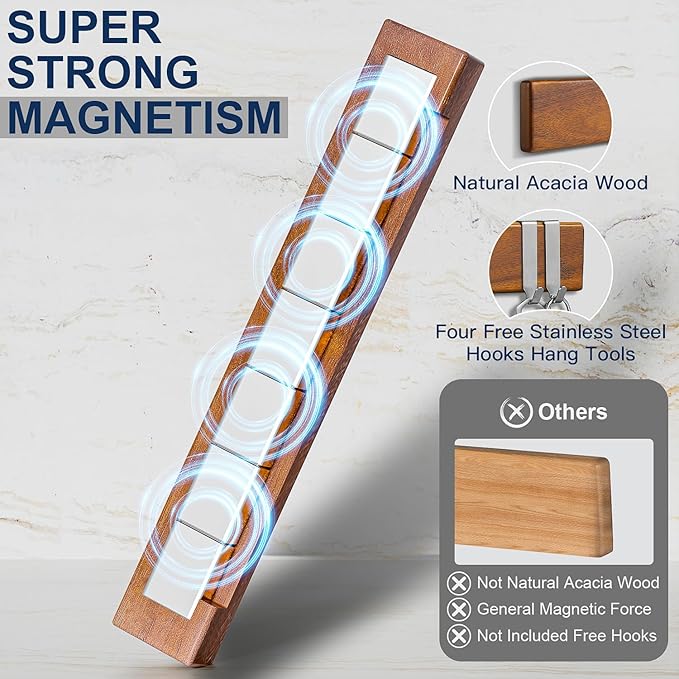 ENOKING 16 Inch Magnetic Knife Holder for Wall - Acacia Wood Knife Strip with Gold-Stamping Magnetic Gift Box - Powerful Knife Bar with 4 Hooks, No Drilling or Screw Mount