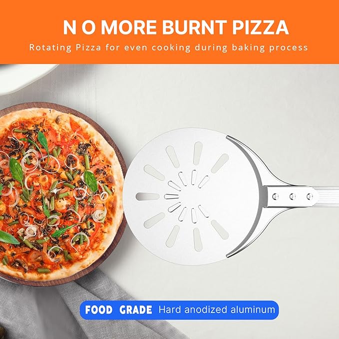 Pizza Turning Peel, 8-inch Pizza Peel Turner Spinner with Non-Slip Long Handle & Silicone Hanging Hook, Essential Pizza Oven Accessories for Outdoor & Indoor Baking, Even Crispy Crust Every Time