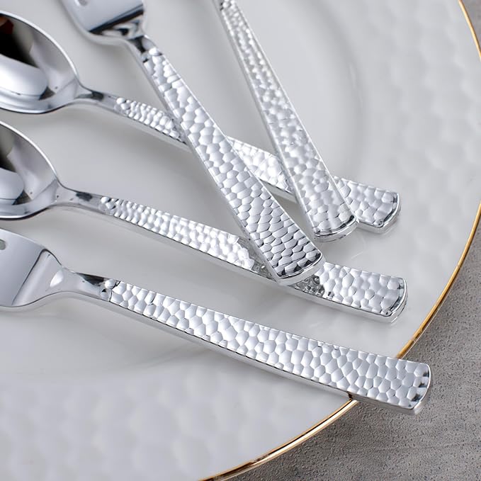KIRE 400PCS Silver Plastic Forks and Spoons Disposable-Heavy Duty Plastic Silverware Set Silver Spoons and Forks-200 Forks and Spoon for Parties/Birthday/Wedding/Father's Day