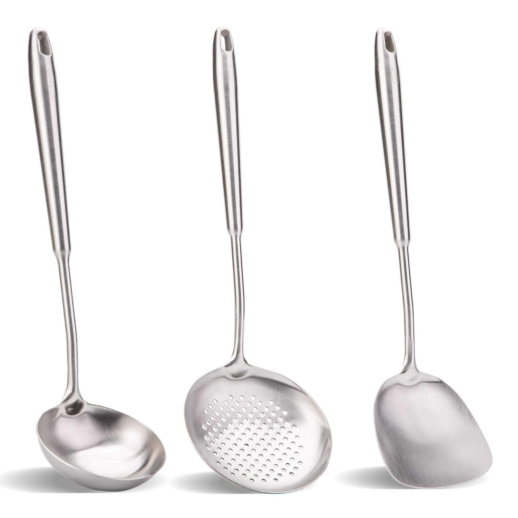 Wok spatula and ladle,Skimmer Ladle Tool Set, Chinese Wok Utensil Set, All metal 304 Stainless Steel Cooking Utensils(15in,15in,14in)