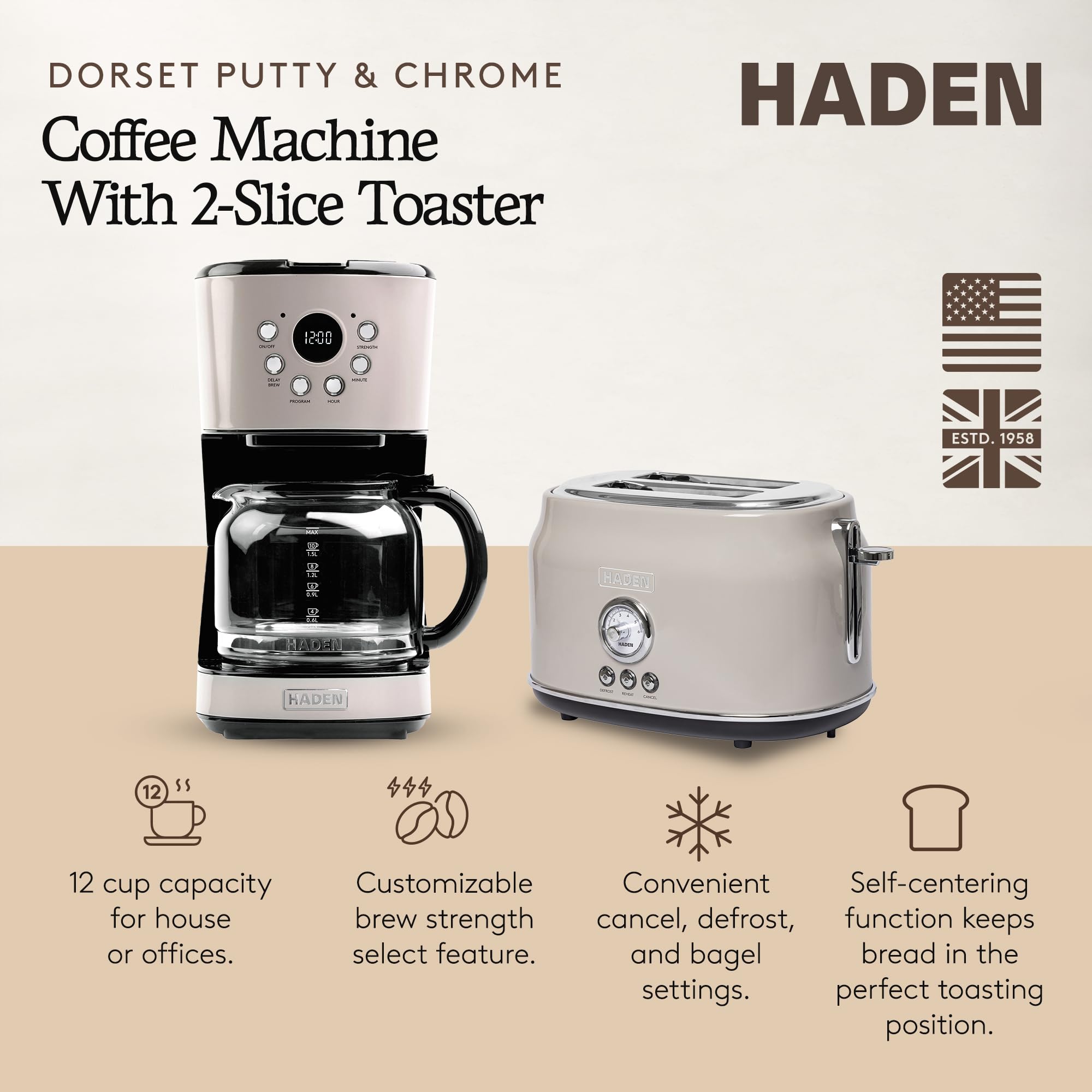 Haden 12 Cup Programmable Drip Coffee Maker Coffee Machine Bundled with Dorset 2 Slice Wide Slot Stainless Steel Toaster, Putty & Chrome