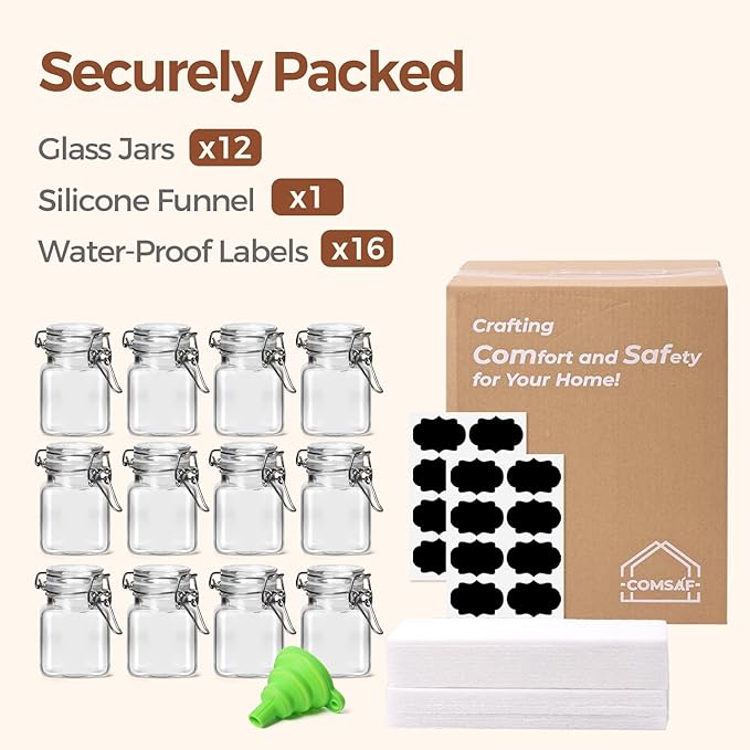 ComSaf Square Small Glass Spice Jars with Airtight Lids 4 oz 12 Pack Pantry