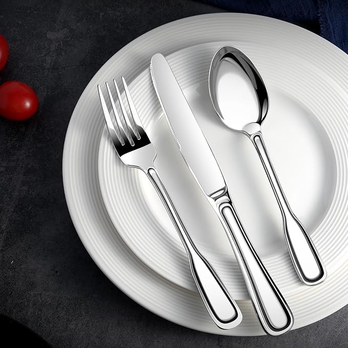 Silverware Set for 12, 60 Piece Boston Style Stainless Steel Flatware Set