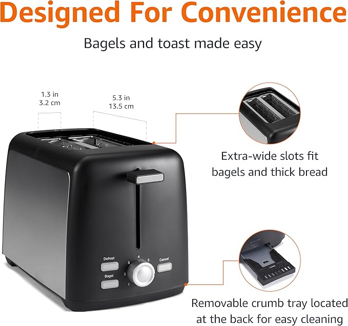 Amazon Basics 2 Slice Toaster, Extra Wide Slots for Bagels and Specialty Breads, 7 Browning Levels, Removable Crumb Tray, Defrost/Cancel/Bagel Buttons, 800W, Black & Silver
