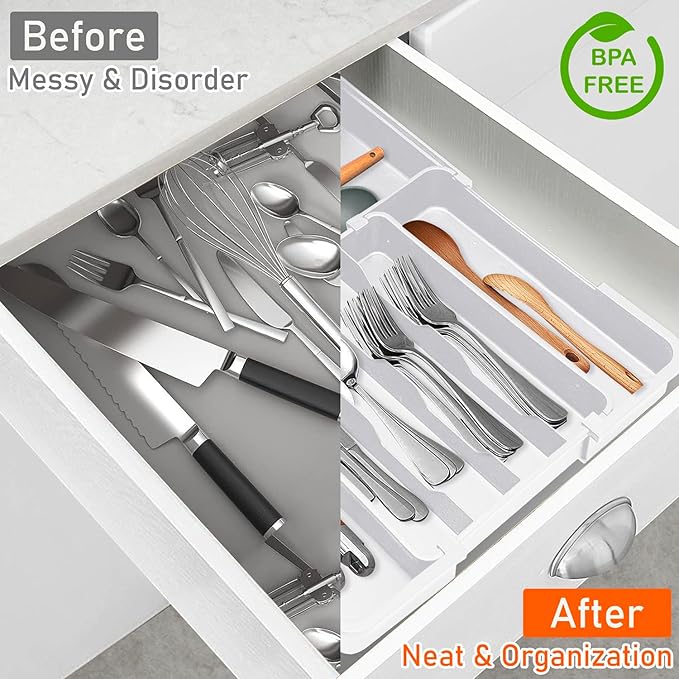 Spaclear Silverware Drawer Organizer, Adjustable Utensil Tray for Kitchen Drawer, 19 x 15 Inches Flatware and Cutlery Holder, Expandable Plastic Storage for Spoons Forks Knives, 4-7 Slots, White