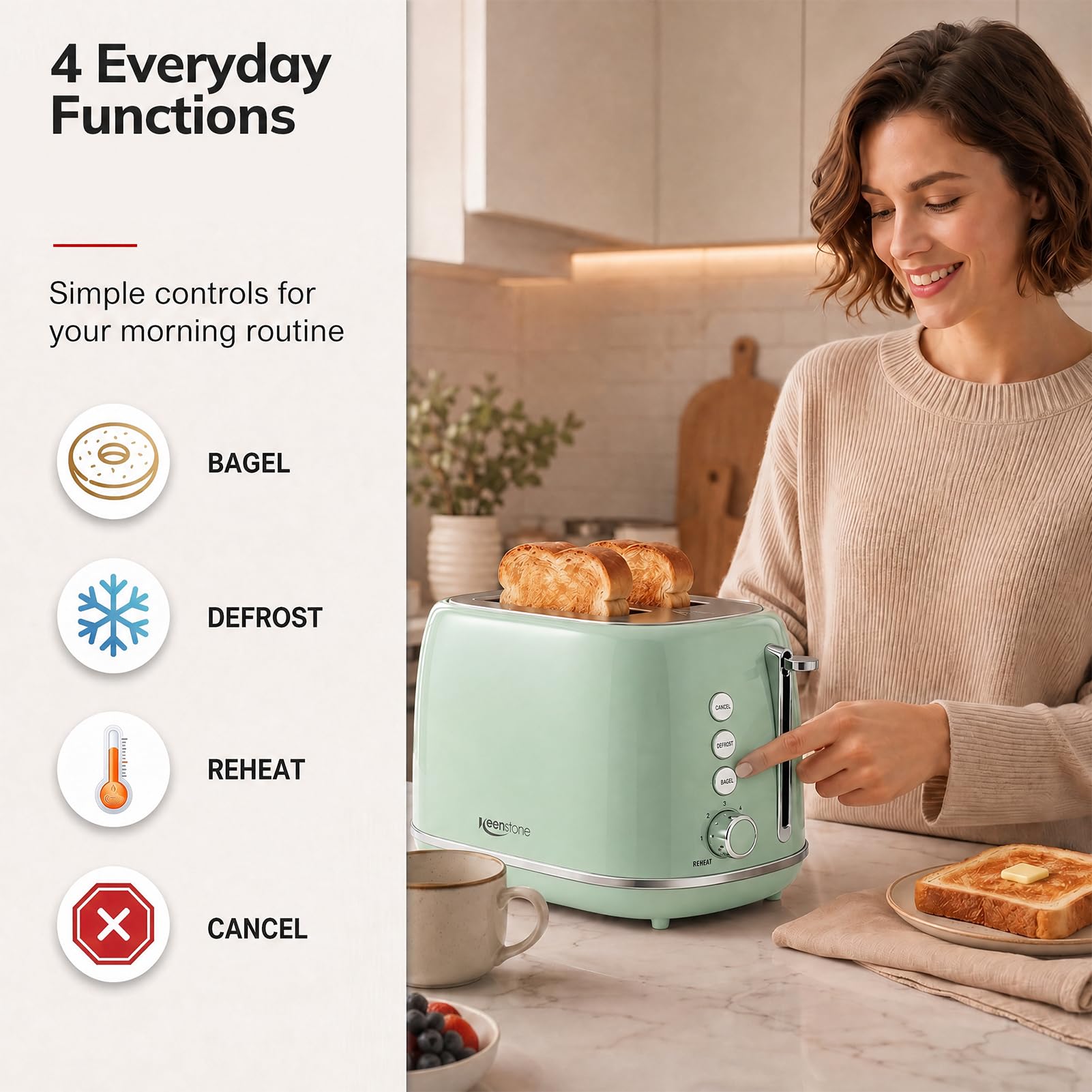 2 Slice Stainless Steel Toaster Retro with 6 Bread Shade Settings, Bagel, Cancel, Defrost Function, Extra Wide Slot, Removable Crumb Tray Green