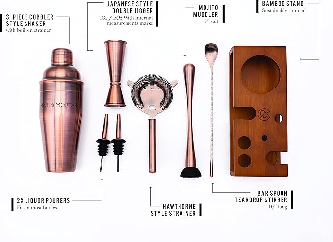 Mint & Mortar Cocktail Shaker Set – 7-Piece Stainless Steel Bartender Kit with Premium Bamboo Stand for Home Bartending - All-in-One Mixology Set for Beginners & Pros (Brushed Copper)