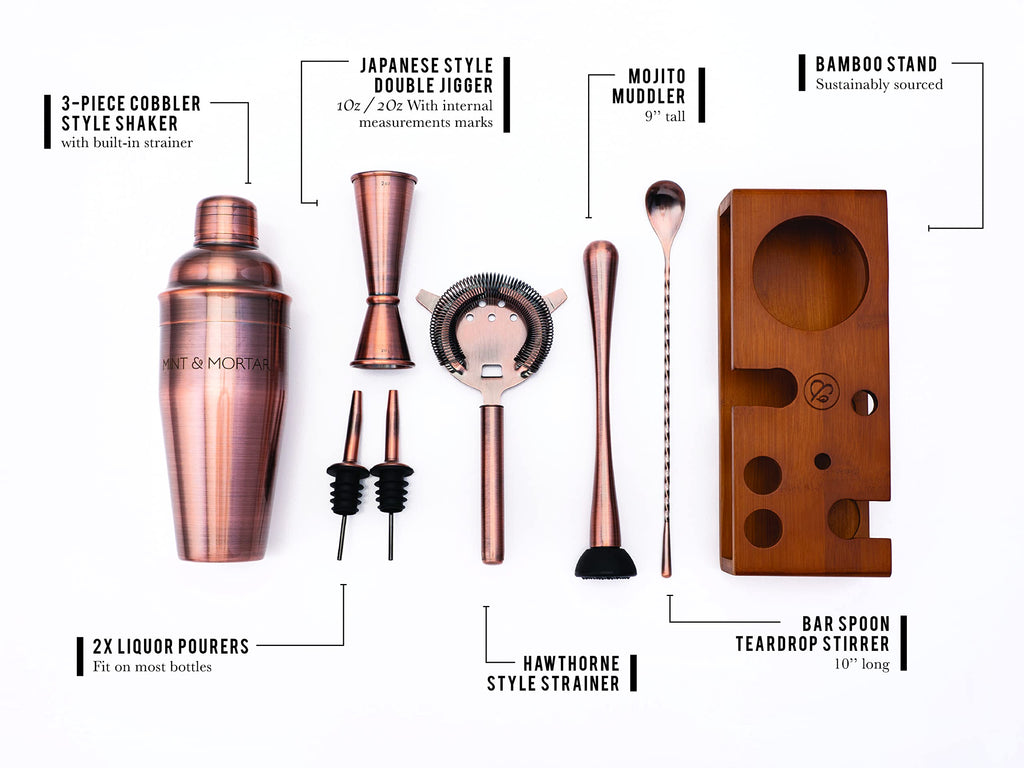 Mint & Mortar Cocktail Shaker Set – 7-Piece Stainless Steel Bartender Kit with Premium Bamboo Stand for Home Bartending - All-in-One Mixology Set for Beginners & Pros (Brushed Copper)