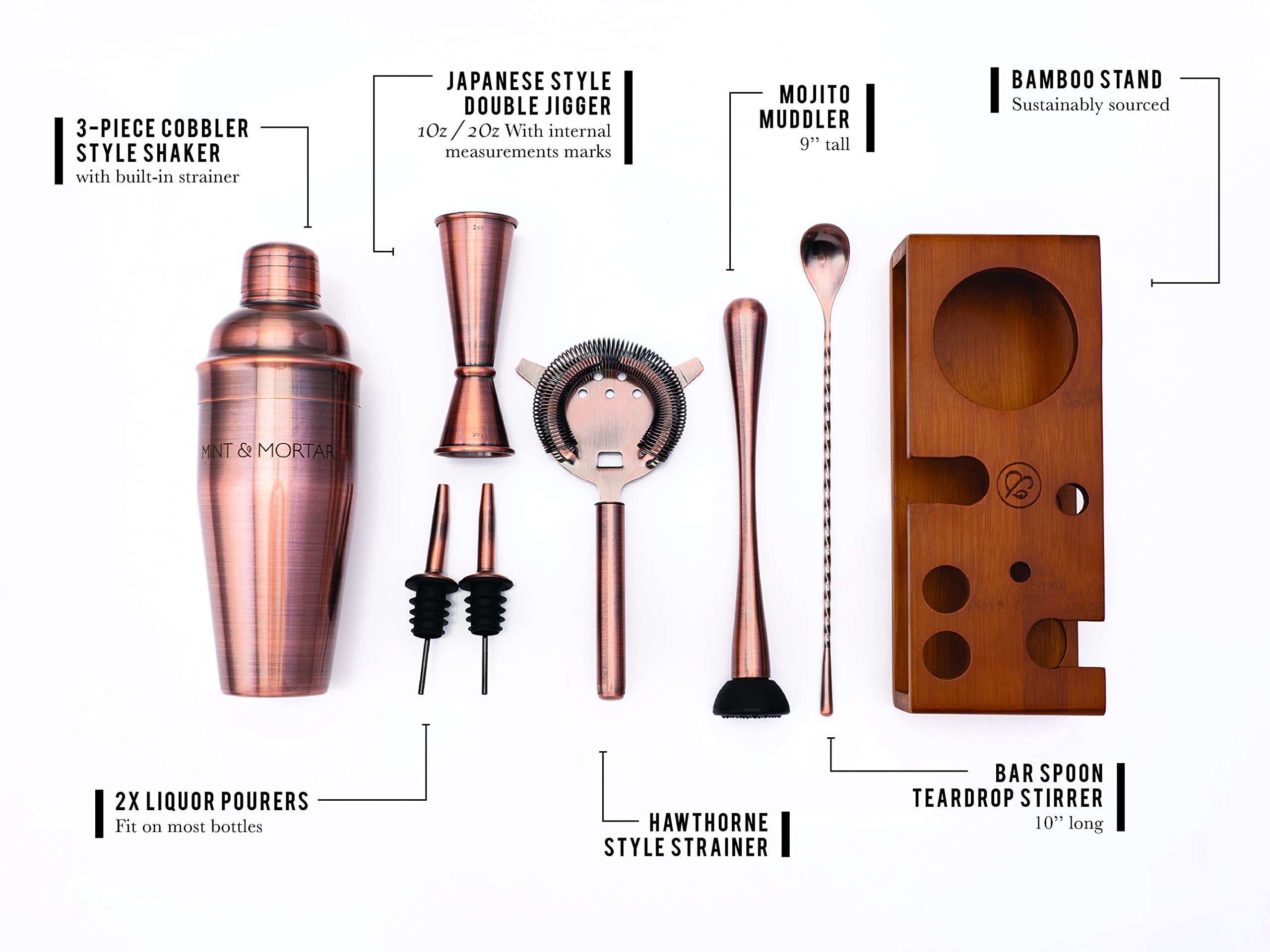 Mint & Mortar Cocktail Shaker Set – 7-Piece Stainless Steel Bartender Kit with Premium Bamboo Stand for Home Bartending - All-in-One Mixology Set for Beginners & Pros (Brushed Copper)