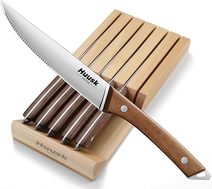 Huusk Steak Knives Set of 6 with Wood Block, Serrated & Straight Dual-Edge