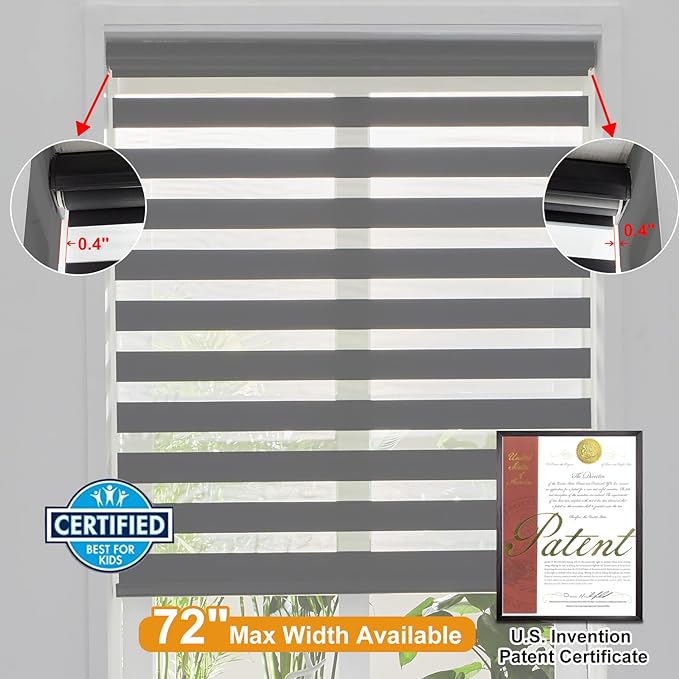 Persilux Cordless Zebra Blinds for Windows Free-Stop Roller Windows Shades (34" W X 72" H, Black) Dual Layer Light Control for Day and Night, Light Filtering Sheer Shades for Home, Easy to Install