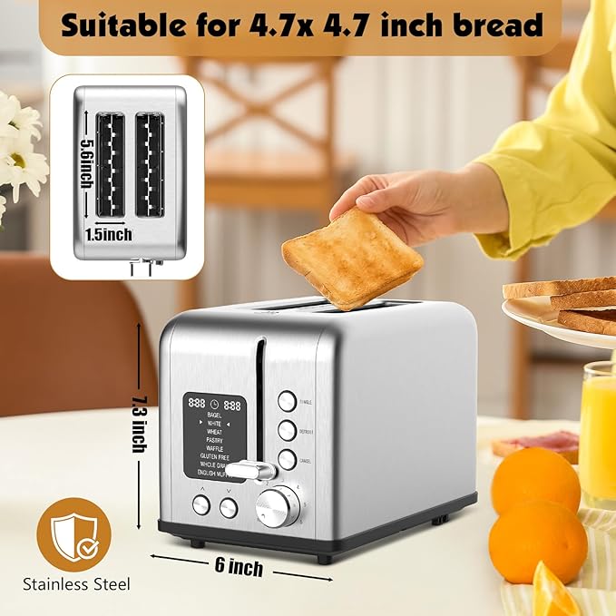 2-Slice Bagel Toaster Stainless Steel with Screen- Single Slice Function for Single-Sided Stuffed Bagel, 8 Bread Types, 6 Browning Levels, LED Countdown Timer, Defrost/Reheat/Cancel, 825W
