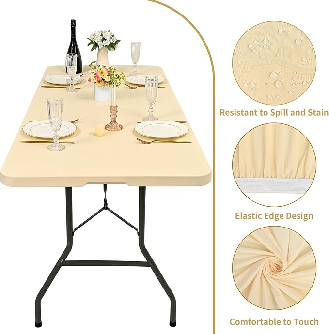 REWOMC 6 Pack Stretch Fabric Table Top Cap Cover, fits 6' Tables, Spandex Table Covers Washable Elastic Rectangle Tablecloth Protector for Indoor Outdoor Party Picnic Wedding, Beige, 30" W x 72" L