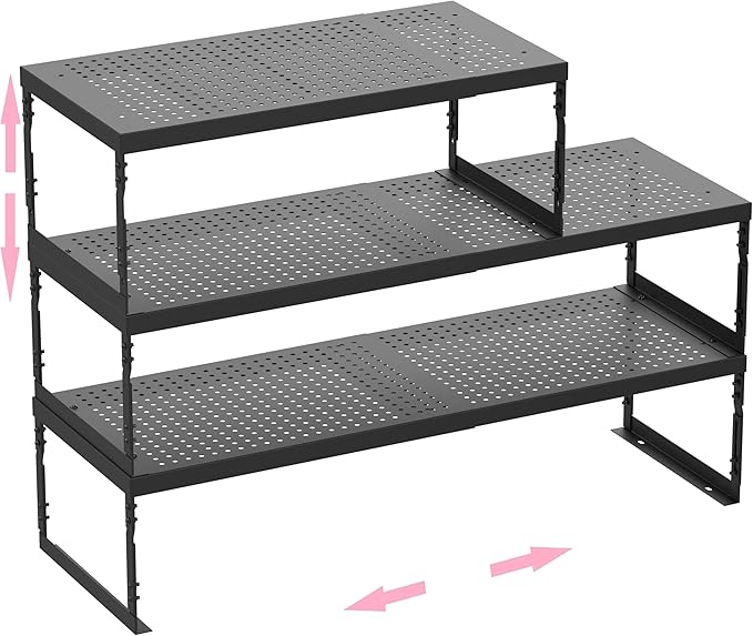 Asiingkel Stackable Expandable Metal Shelf Organizer - Adjustable Wire Storage Rack with Holes for Kitchen, Bathroom, Cabinet, Office - Space Saving, Durable & Sturdy Design（3PACKS/Large/Black