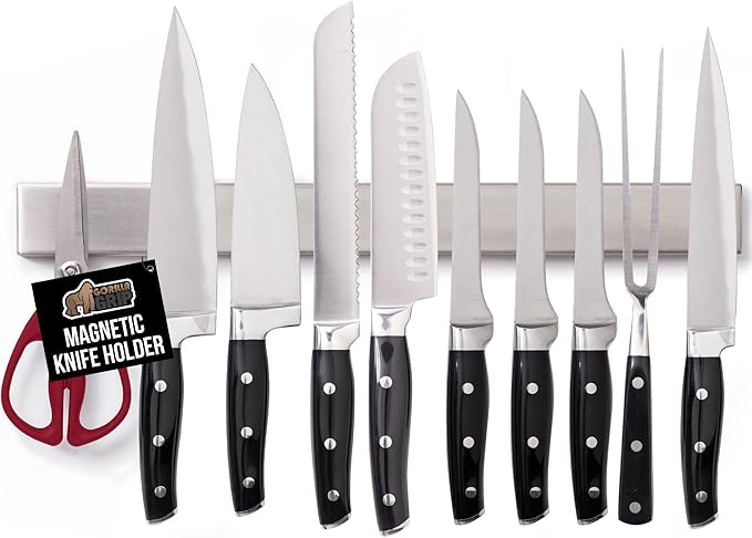 GORILLA GRIP 304 Stainless Steel Heavy Duty Magnetic Knife Holder, 18 Inch Strip, Secure Wall Mounted Bar for Knives, Tools, Holds Up to 6 lbs, Kitchen Organizer, Easy Installation, Screws Included