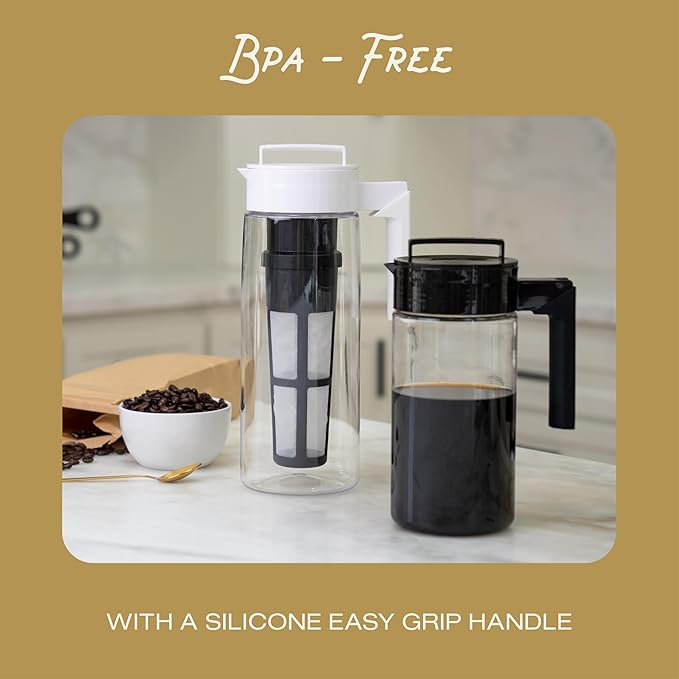 Takeya Deluxe Cold Brew Coffee Maker - BPA-Free Tritan Pitcher with Airtight Leakproof Lid, Silicone Grip Handle, Fine-Mesh Filter - Shatter-Proof, Dishwasher Safe, Made in USA - 1 Quart/Black