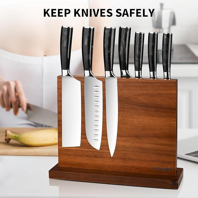 Magnetic Knife Block, Acacia Wood Kitchen Knife Holder, Multifunctional Double Side Knife Storage Organizer for Kitchen Counter ，Equipped with powerful enhanced magnets (Without knife)
