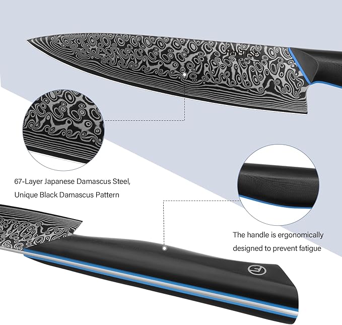 3 Piece Kitchen Knife Set, 67-Layer Damascus Steel, Ergonomic G10 Handle