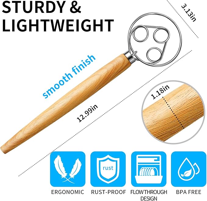 TEEVEA Danish Dough Whisk Wooden Handle Stainless Steel for Sourdough Bread