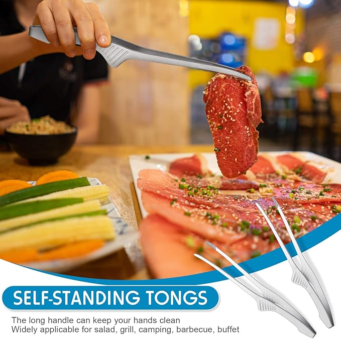 Patelai 2 Pieces Korean and Japanese BBQ Tongs Non Slip Cooking Utensils Stainless Steel Tongs for Serving Food, Salad, Camping, Barbecue, Buffet, Oven with Support Stand (Silver)