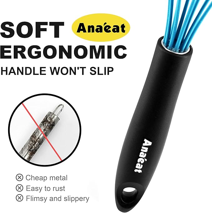 Anaeat Silicone Kitchen Whisk Set of 4, Perfect for Non-Stick Cookware, Milk and Egg Beater Blender for Whisking, Cooking, Baking, Beating - 11'' Flat Whisk and 9''+11''+12'' Balloon Whisks (Blue)