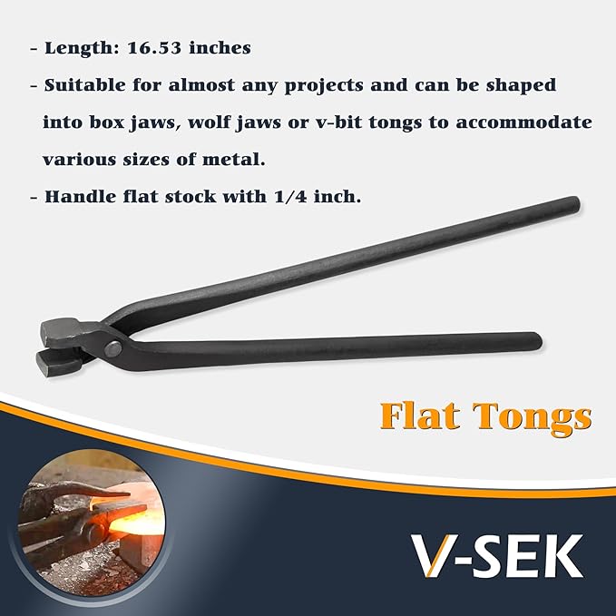 V-SEK Blacksmith Tongs Set - V-Bit, Blade, Flat, Steel Forge Tongs (3PCS)