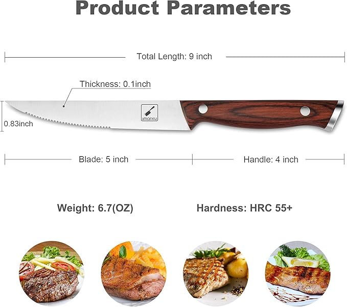imarku Steak Knives Set of 6, Japanese HC Steel, Serrated, Gift Box
