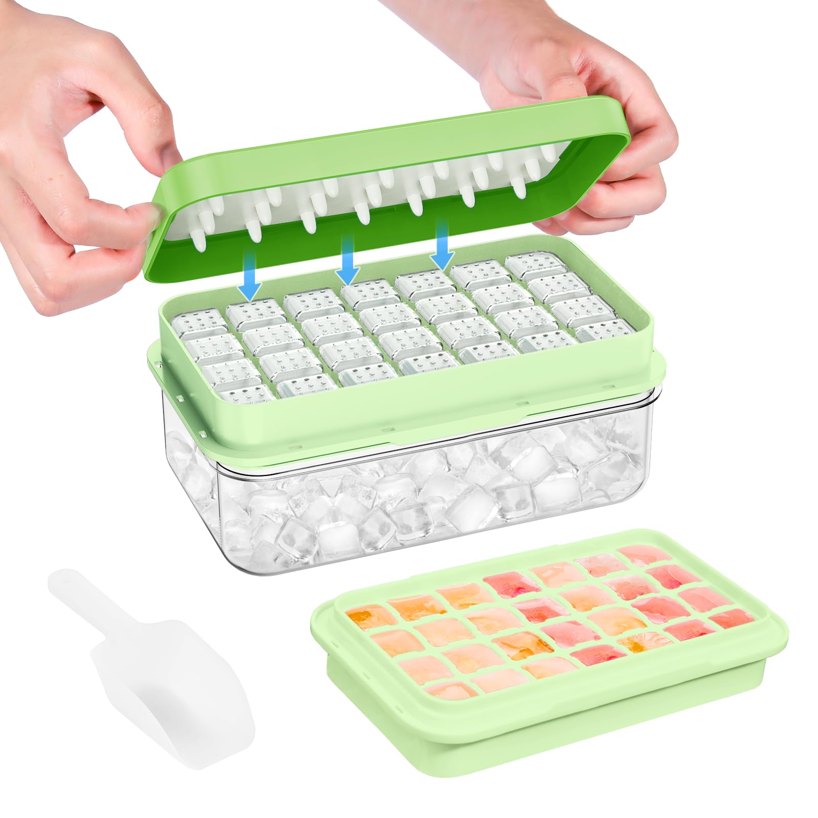 PHINOX Ice Cube Tray with Lid and Bin, Easy Release 28 Cubes for Freezer