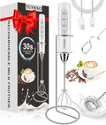 YUSWKO Handheld Milk Frother Wand for Coffee, Rechargeable Electric Whisk with 3 Heads 3 Speeds Drink Mixer Coffee Frother For Latte, Cappuccino, Hot Chocolate, Egg, White with Holder