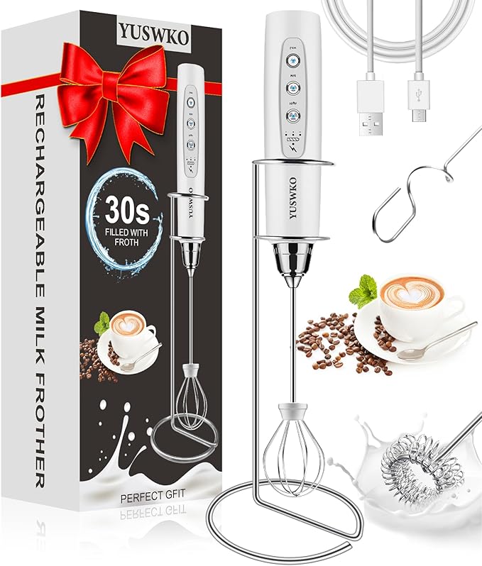 YUSWKO Handheld Milk Frother Wand for Coffee, Rechargeable Electric Whisk with 3 Heads 3 Speeds Drink Mixer Coffee Frother For Latte, Cappuccino, Hot Chocolate, Egg, White with Holder