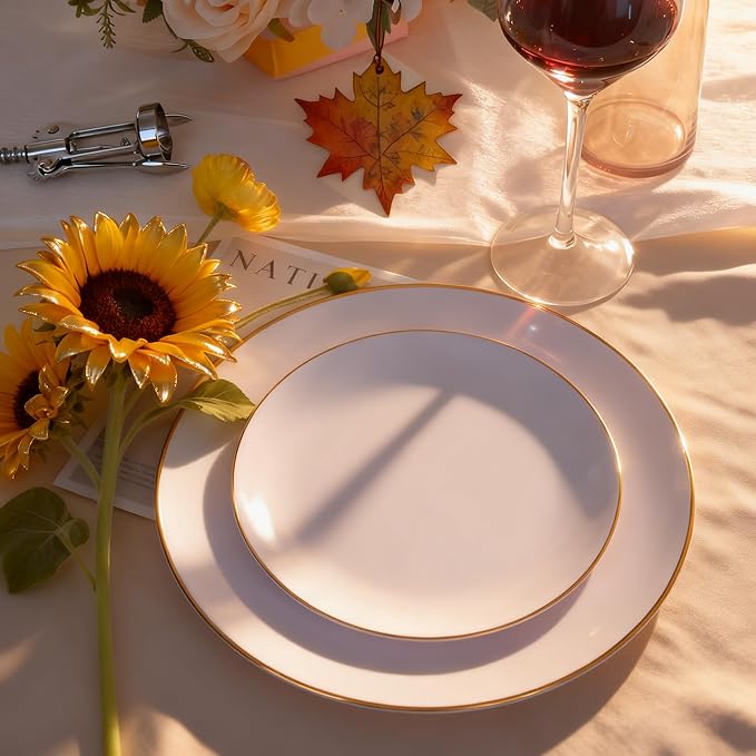 KIRE 60PCS Gold Plastic Plates - Heavy Duty White Disposable Plates with Gold Rim - Include 30Pieces 10.25inch Dinner Plate and 30Pcs 7.5inch Dessert Plate for Wedding/Spring/Graduation/Party