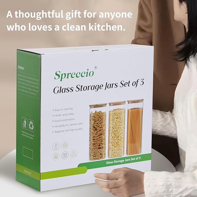 Spreccio Square Glass Food Storage Jars with Lids 2.47 Qt [Set of 3], Perfect for Pasta, Cookies, Nuts, Coffee, Cereal, Flour, Organize Your Kitchen and Pantry with BPA-Free Glass Jars with Canisters