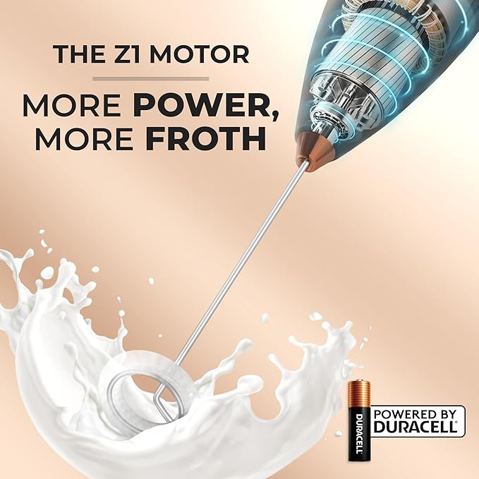 Zulay Kitchen Powerful Milk Frother Wand With Duracell Batteries - Ultra Fast Handheld Drink Mixer - Electric Whisk Foam Maker for Coffee, Lattes, Cappuccino & Matcha - Z1 Motor - Black & Copper