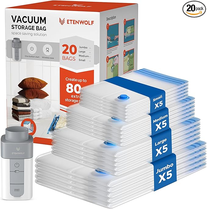 ETENWOLF 20 Combo Vacuum Storage Bags for Travel with Wireless Pump
