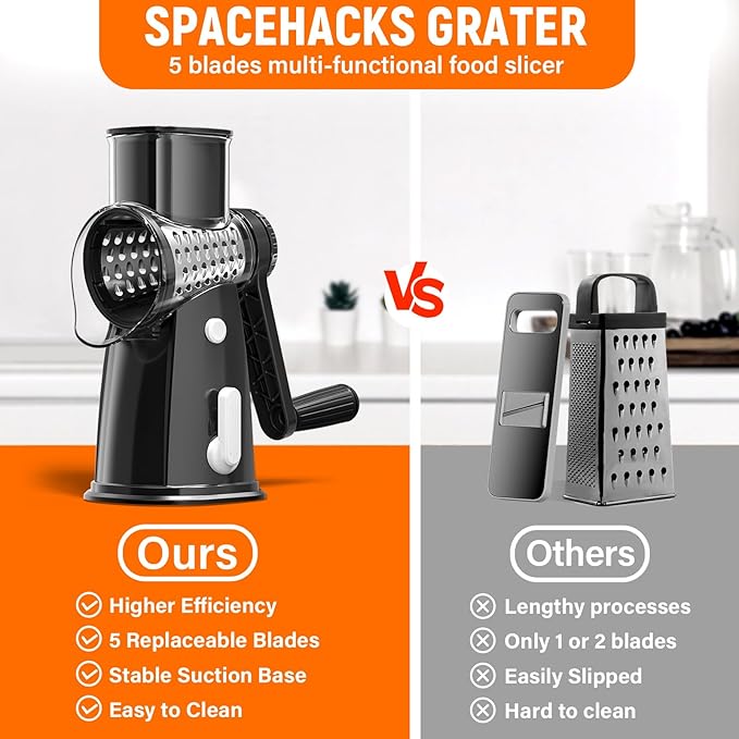 Rotary Cheese Grater Hand Crank, 5-in-1 Vegetable Chopper Spiralizer Slicer