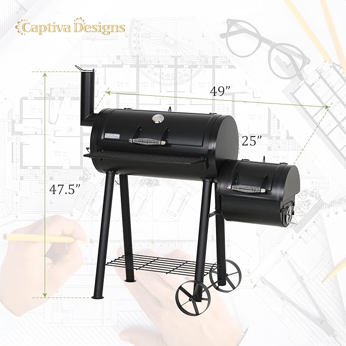 Captiva Designs Charcoal Grill with Offset Smoker for Outdoor Barbecue